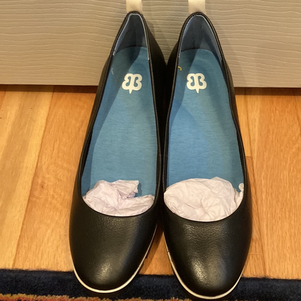 Betabrand Black Wedge Flats with Blue Insoles